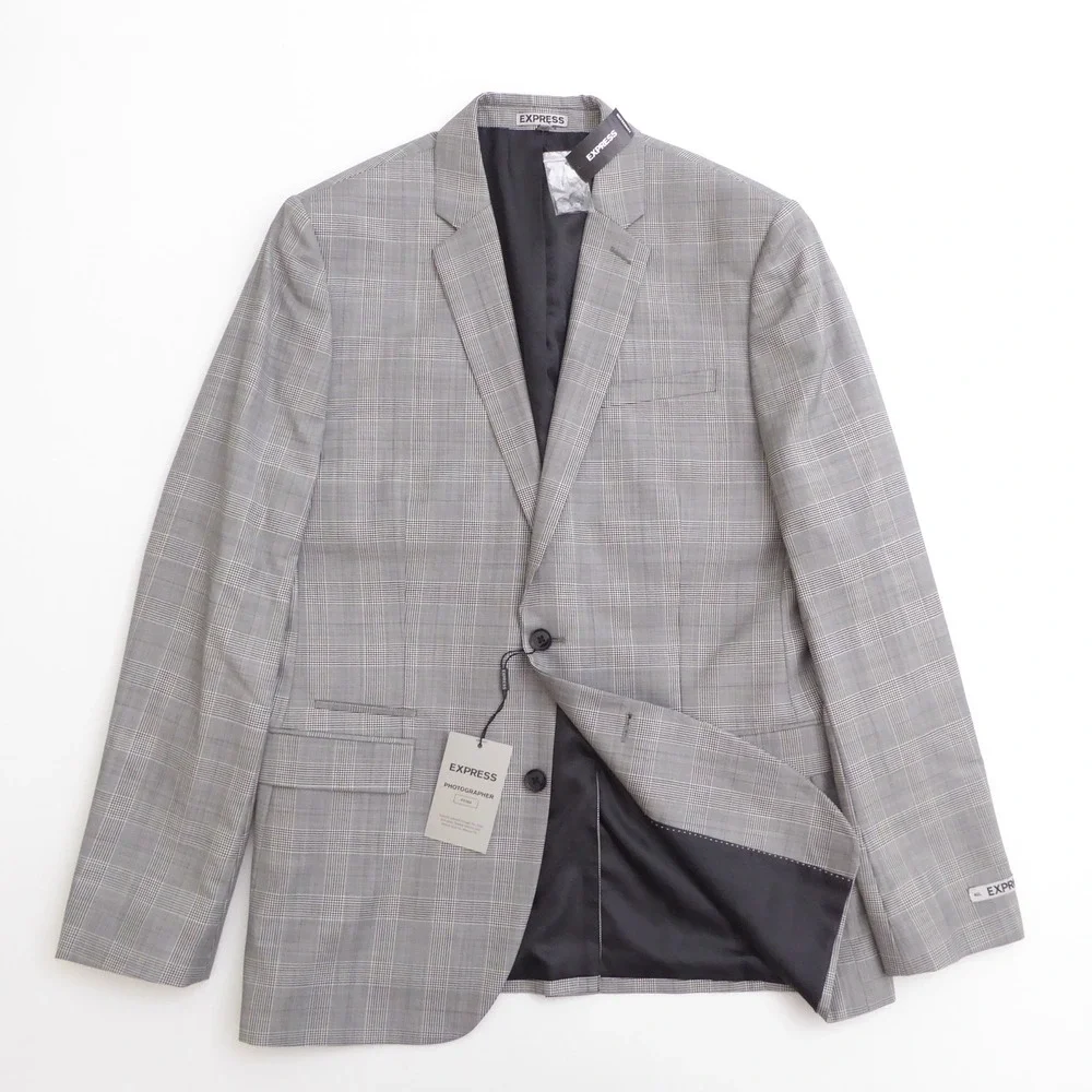 Express Mens Suit Jacket Gray Glen Plaid Wool Blend Photographer Fitted 42L
